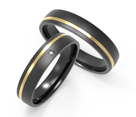 Durable Couple Black Zirconium Ring Polished Gold Diamond Wedding Band