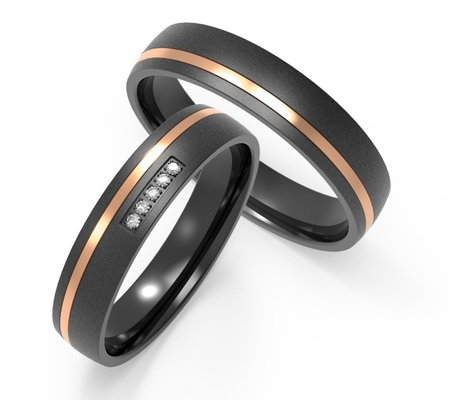 Couple Black Zirconium Wedding Ring Polished With Cubic Zirconia Two Tones IP Rose Gold
