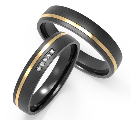Polished Finish Couple Black Zirconium Ring IP Gold With Cubic Zirconia Two Tones