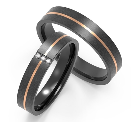 Polished Black Titanium Zirconium Couple Ring With Cubic Zirconia Two Tones IP Rose Gold