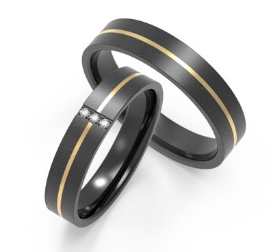 Couple Sleek Black Zirconium Ring With Cubic Zirconia Two Tones IP K Gold