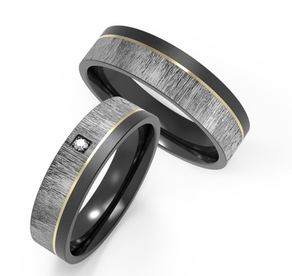 Premium bark pattern with matte stainless steel IP gold set zircon couple ring