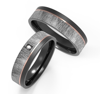 Imitation Wood Grain Black Stainless Steel Couple Ring Inset Zircon Rose Gold Border Ring