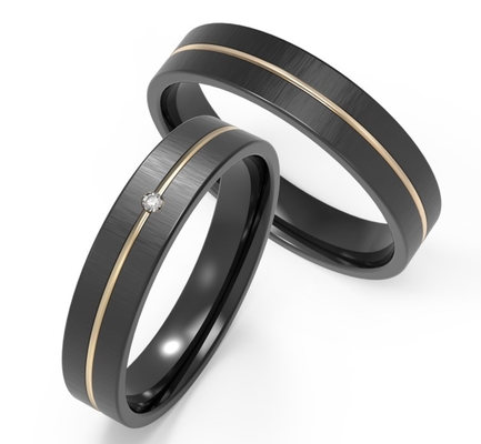 Simple Domed Black Titanium Ring With IP Gold Ring Inset Zircon Couple Ring