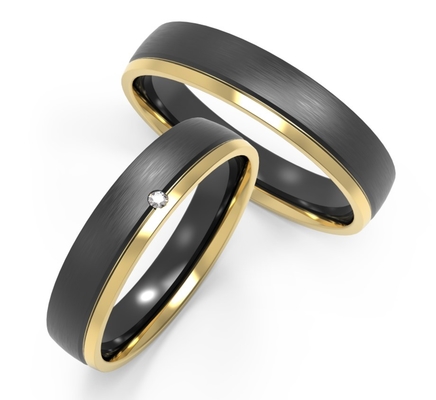 Round Matte Black Stainless Steel Ring With K Gold Side Set Zircon Couple Ring