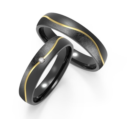 Trend Round Black Titanium Ring With IP Gold Line Inset Zircon Couples Ring