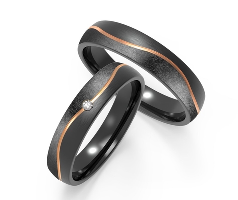 Trend Black Titanium Jewelry With IP Rose Gold Line Inset Zircon Couples Ring