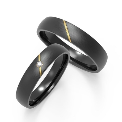 Custom Couple Matte Black Titanium Ring With Diagonal K Gold Inset Zircon Design