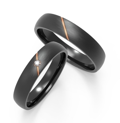 Matte Black Titanium Fashion Men Jewelry With Diagonal Rose Gold Inset Zircon Design