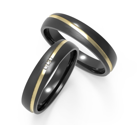 Matte And Glossy Black Titanium Ring Polished With K Gold Inset Zircon Design