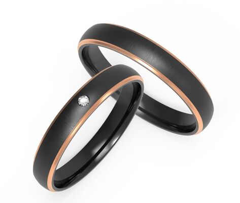 Un buon prezzo. Anello di nozze maschile in titanio nero con intarsio in argento / oro in linea