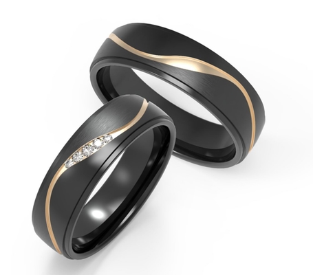 Matte Damascus Steel Ring With K Gold Embedded Zircon Couple Ring