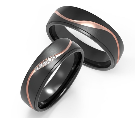 Matte Damascus Steel Wedding Rings With Rose Gold Embedded Zircon Couple Ring