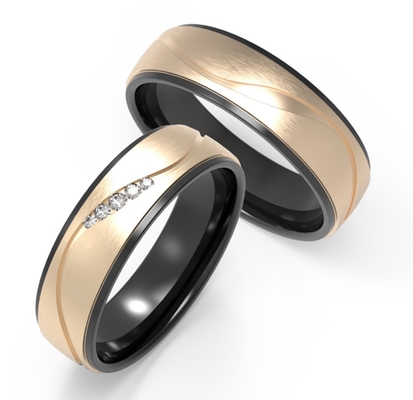 K Gold Plain Damascus Steel Couple Ring Inside Unique Pattern Design