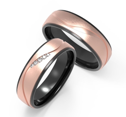 Zircon Damascus Steel Couple Ring Set Rose Gold Polished Finish