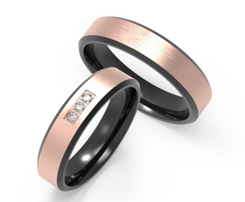 Bright Damascus Steel Ring Polished Rose Gold Couple Rings With Three Diamonds
