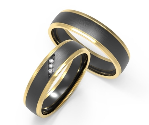 Matte Damascus Steel Engagement Ring Set Zircon And K Gold Couple Ring