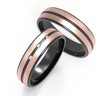 Domed Black Titanium Mens Band Polished With Rose Gold Inset Zircon Couple Ring