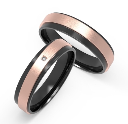 Polished Black Titanium Ring With Zircon Set In Rose Gold Scratch Resistant