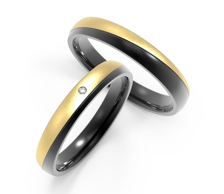 6mm Width Black Couple Titanium Rings With IP Gold Encrusted Zircon Ring