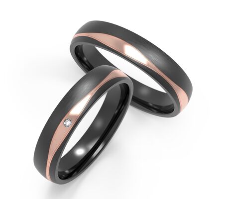 Bon prix Acier inoxydable noir mat avec une forme unique en or rose et une bague de couple en zircon incrustée en ligne