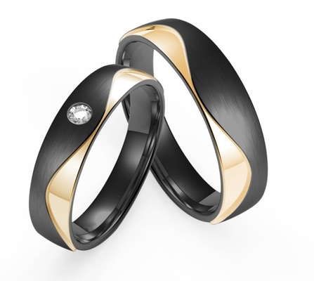 Fashion matte black stainless steel set with zircon and K gold couple ring