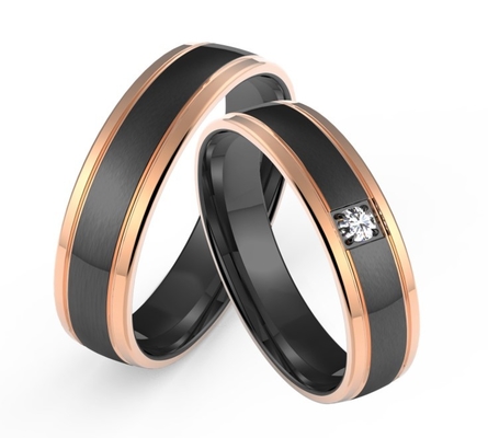 Black stainless steel with double ring rose gold inset zircon couple ring