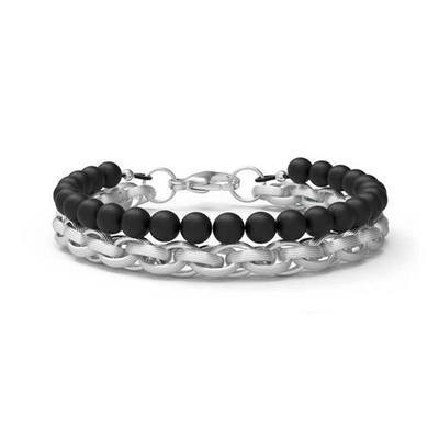 Fashion Man Stainless Steel Jewelry Set Beaded Necklace Lock Shaped Bracelet