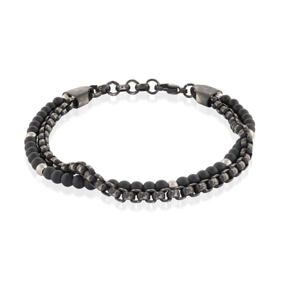 7.5 Inch Stainless Steel Bangle Classic Men's Black Leather Bracelet