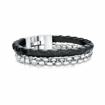 Stainless Steel Men's Black Leather Rope Bracelet Diy Leather Charm Bracelet Custom