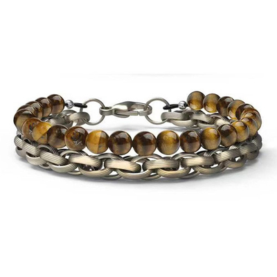 Fashion Men's Beaded Bracelet Silver Plated Stainless Steel With Tiger Eye Stone Ball Shape