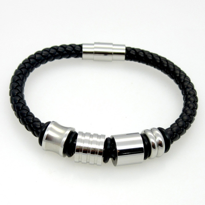 Black Stainless Steel Men's Charm Bracelet Polished Braided Leather Wrap Bracelet