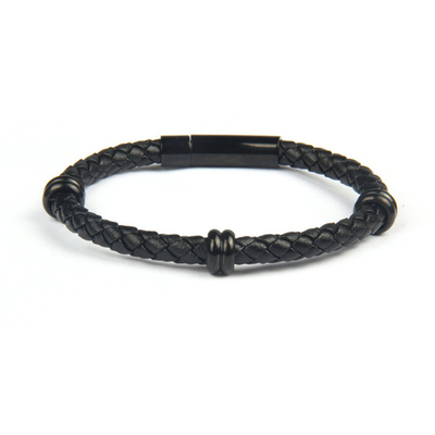 Stainless Steel Men's Charm Bracelet Black Plating Braided Leather Wrap