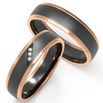 Polished Domed Damascus Steel Rose Gold Ring With Zircon Couple Ring Set Inside