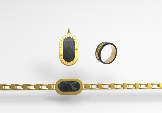 Fashion Carbon Fiber With IP Gold Stainless Steel Three-piece Men's Jewelry