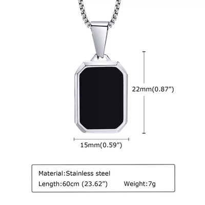 Rectangular Stainless Steel Men's Pendant with Inlaid Enamel Polished Finish 60cm Length