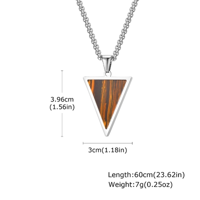 Party Space Triangular Stainless Steel Men's Pendant with Tiger Eye Inlay Length 60cm 23.62in