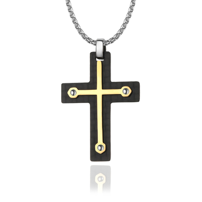 Religious Christian Zircon Men's Cross Pendant Necklace in Stainless Steel with Gold Plating