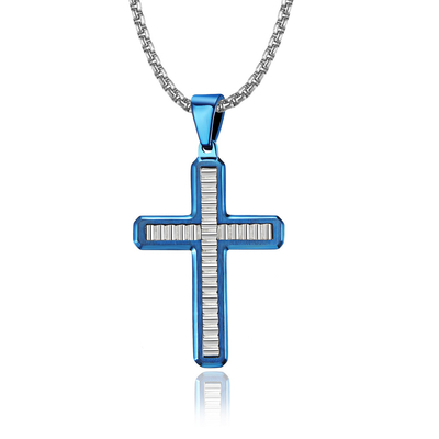 Anniversary Occasion Fashion Cross Pendant Blue Prayer Choker for Men Stainless Steel Necklaces