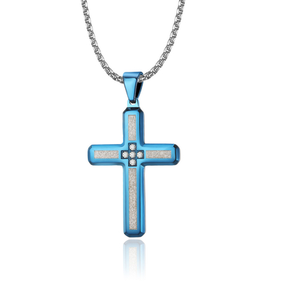 Stainless Steel Link Chain Necklace for Men Fashion Cross Pendant Blue Gold and Titanium Prayer Choker