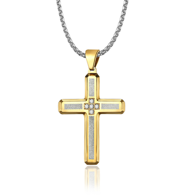 Stainless Steel Link Chain Necklace for Men Fashion Cross Pendant Blue Gold and Titanium Prayer Choker