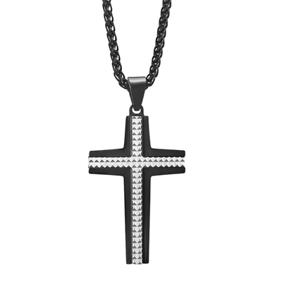 Men's Stainless Steel Cubic Zirconia Micro Pave Cross Pendant Necklace Rose Gold, Silver and Blue