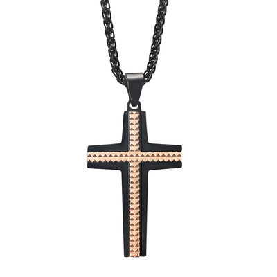 Men's Stainless Steel Cubic Zirconia Micro Pave Cross Pendant Necklace Rose Gold, Silver and Blue