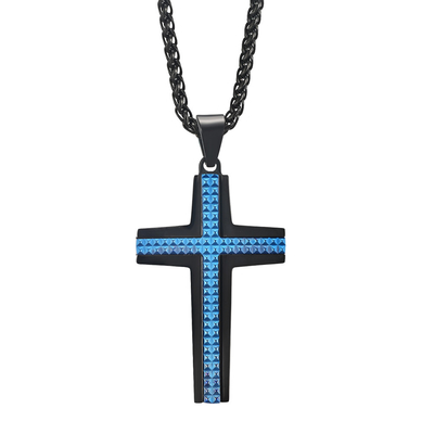 Men's Stainless Steel Cubic Zirconia Micro Pave Cross Pendant Necklace Rose Gold, Silver and Blue