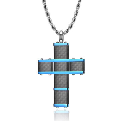 Christian Religious Custom LOGO Pendant Stainless Steel Gold Plated Cross Necklace with Carbon Fiber Inlay and Blue Plating