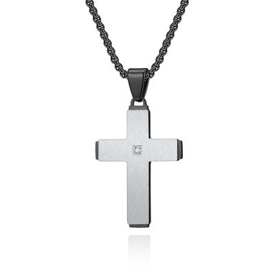 Men's Cross Pendant Necklace in Black Satin and Stainless Steel Unique Style