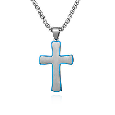 Simple Style Satin Cross Pendant Stainless Steel Necklaces Blue and Rose Gold Metal Prayer Choker for Men