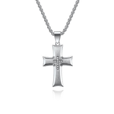 Simple Style Satin Stainless Steel Cross Pendant Necklace with Cross Shape Diamond Metal Prayer Choker for Men