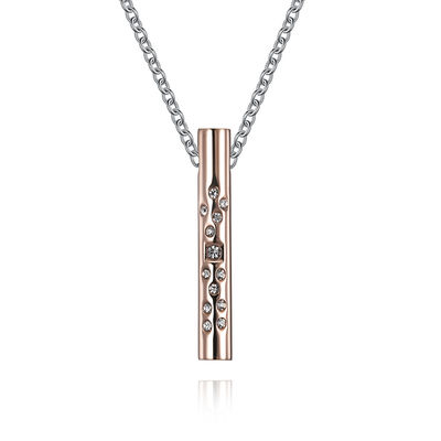 Stainless Steel Link Chain Bar Shape Necklace with Diamond Christian Pendant Rose Gold Plated