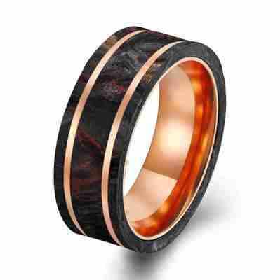Buen precio Nueva llegada Anillo de fibra de carbono forjado negro con anillo de oro rosa recubierto de papel rojo en línea